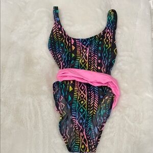 Colorful Patterned Swimsuit with Pink Accent